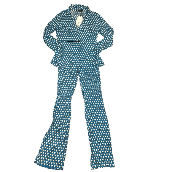 NWT Zara blue geometric satin set size XS shirt and pants flare 70a bloggers - Picture 2 of 14